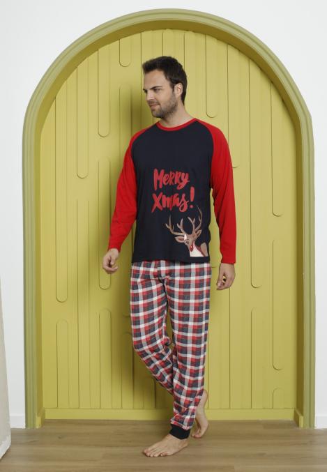Pijama barbati Craciun "Meryy Xmas" maneca lunga ,pantaloni lungi,Culoare Rosu, Engros